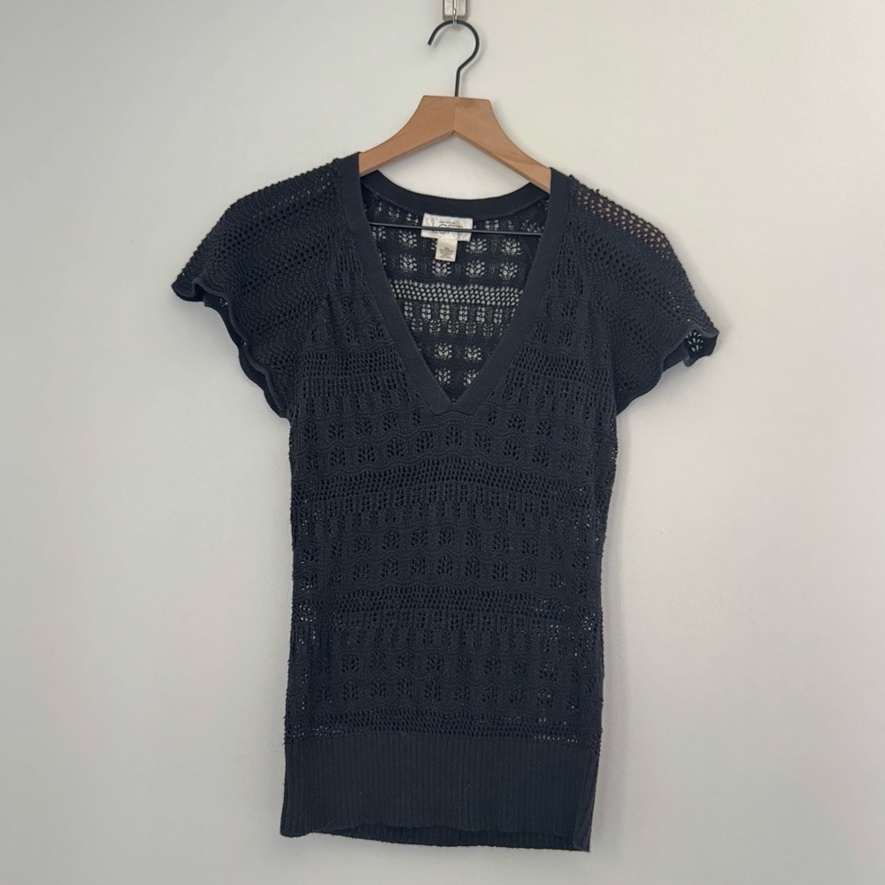 LOFT Black Knit Boho Chic V-Neck Short Flutter Sleeve Top - Size XS